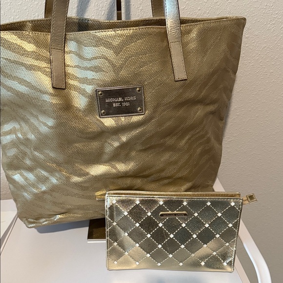 Michael Kors Shimmering Gold Tote with Quilted Pouch - Picture 1 of 10